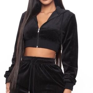 Black Velour Cropped Hoodie